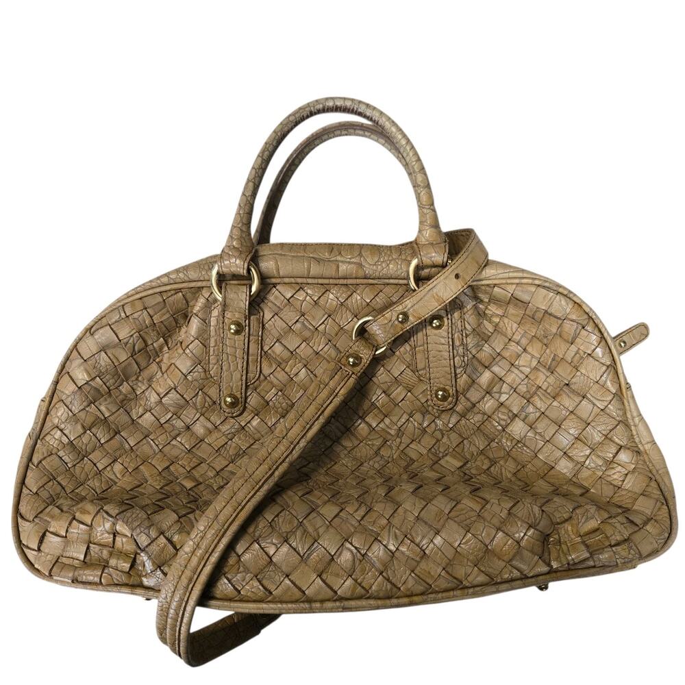 Authentic Brahmin Crossbody Satchel Tan‎ Beige Basket Weave Gold Tone Hardware